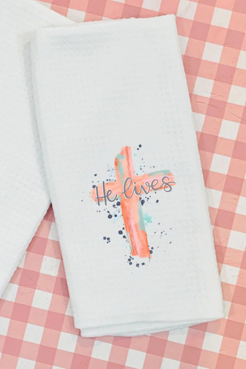 Watercolor He Lives Waffle Kitchen Towel
